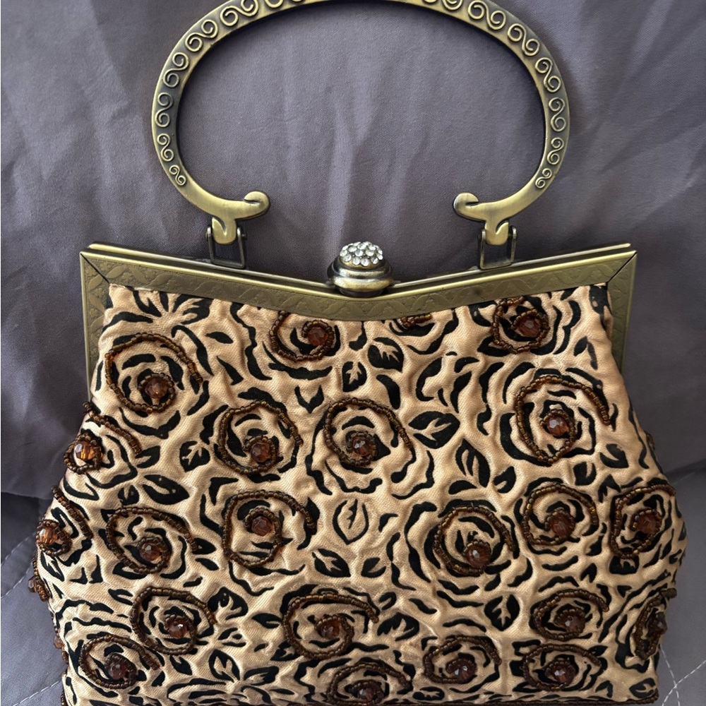 Elegant Floral Patterned Tan Handbag